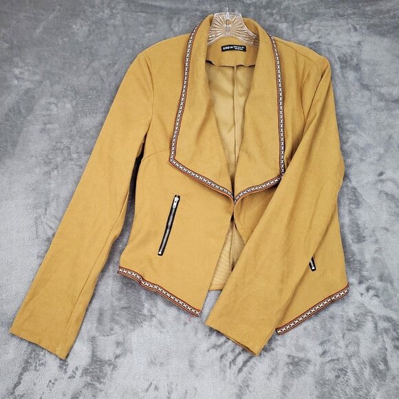SHEIN Sweaters - Faux Suede Camel Cardigan Wrap Jacket Western Boho Open Front Embroider Trim XS